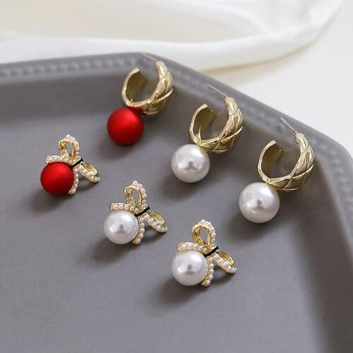 4pcs Korea Elegant temperament light luxury pearl bow retro red Stud Earrings for women Vintage diy jewelry earrings accessories