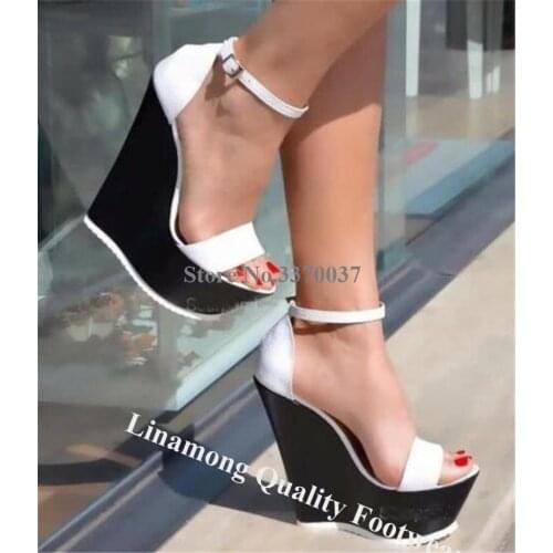 Linamong White-Black Patchwork High Platform Wedge Sandals Open Toe Mixed-colors Ankle Strap Height Increased Wedges Dress Heels