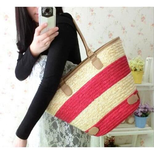 Big Summer Straw Bag Bohemian Style Beach Straw Bag Women Striped Barrel-shaped Handbag Navy Wind Shoulder Bag