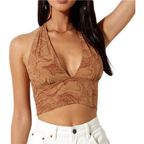 Women Halter Neck Cropped Tops Female Club Slim Fit Sleeveless Foral Printed V-neck Pullover Camis Party Backless Streetwear