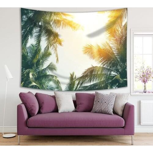 Tapestry Tropical Palm Trees Sunny Day Sky Exotic Summer Vacation Nature Landscape Photo Green Yellow