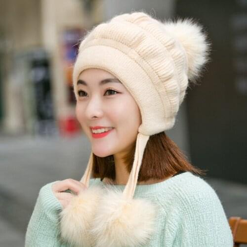 H7720 Rabbit Fur Bomber Hat Women Autumn Winter Warm Thickened Thermal Knitted Cap Korean Ear Protection Sweet Hair Ball Hats