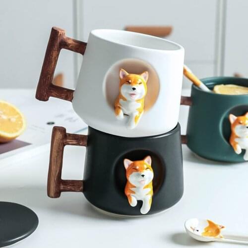 400ml Cute Cartoon Animal Shiba Inu Ceramic Mug Creative Men and Women Couple with Lid Spoon Drinking Water Coffee Tea Milk Cup