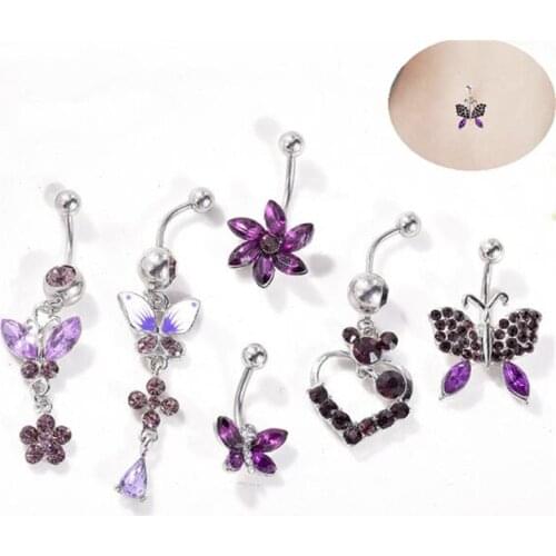 6pcs/set Surgical Steel Dangle Navel Rings Flowers Crystal Navel Bars Cute Butterfly Belly Button Ring Piercing Body Jewelry