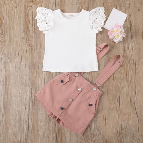 Summer Girl Clothes Set Hollow Flying Sleeve O-neck Top + Suspender Shorts 2Pcs Casual Kids Clothing Set For 1-6 Years Girl Suit