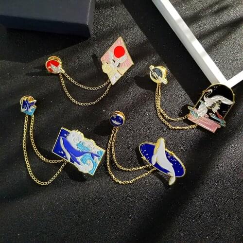 Fashion Exquisite Crane Whale Chain Brooch Trend Small Fresh Clouds Ocean Waves Paint Alloy Badge Pin Bag Lapel Accessories