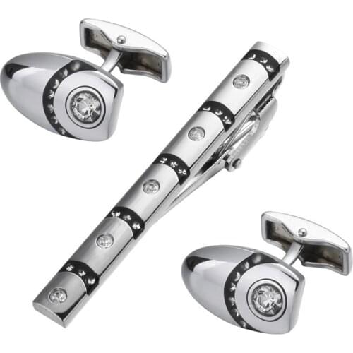 A set of high quality bamboo Crystal Silvery Tie Clip Cufflinks Gift Set Mens Wedding Jewelry Tie Shirt Cufflinks tie clip box