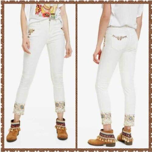 The new Spanish Desigual womens high Waist retro ethnic embroidery slim jeans skinny white slim pants
