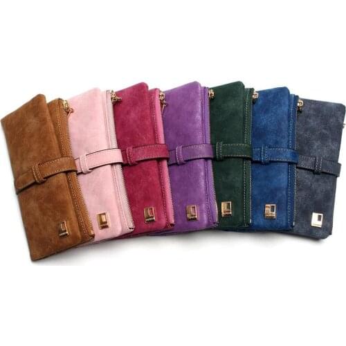 New Women Wallets Drawstring Nubuck Leather Zipper Wallet Womens Long Design Purse Two Fold More Color Clutch