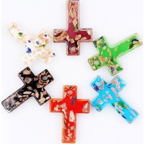 QianBei Wholesale Lots 6pcs Gold Sand Beauty Murano Lampwork Glass Cross Pendant Fit Necklace p0067