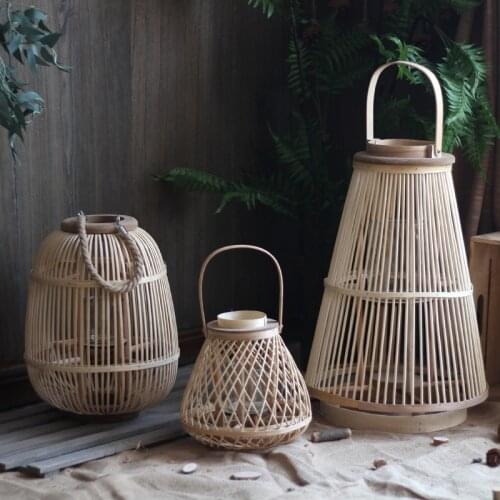 Retro Bamboo Candle Holder Woven Japanese Minimalist Lantern Woven Portable Hanging Ornaments Bougeoir Table Decoration ED50ZT