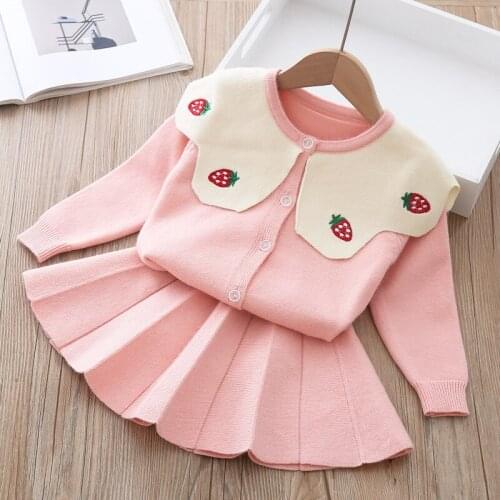 Teenster Girls Christmas Clothes Cute Strawberry Embroidery Cardigan Swteater&knit Skirt Toddler Girl Clothing Set Fall Outfits