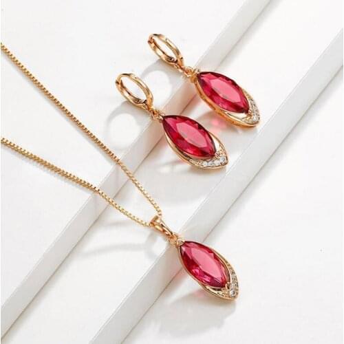 Silver 925 Jewelry Set Classic Vintage Ruby Earring/Necklace Set Party Pomegranate Rose Gold Color Red Crystal Fine Jewelry Set