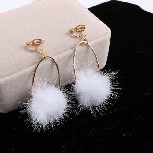 South Korea Version Elegant Temperament Long Circle Mink Hair Ball Clip on Earrings Without Piercing for Women Girl Prom Party