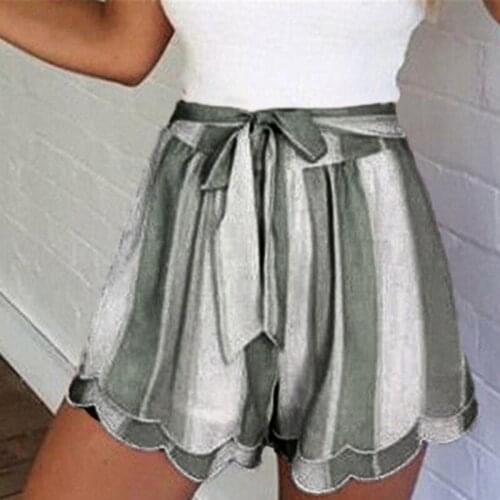 Summer Ladies Shorts Solid Color Geometric Stripes Drawstring Lace Trousers Casual Loose Straight Shorts Daily Home Sweet Wind