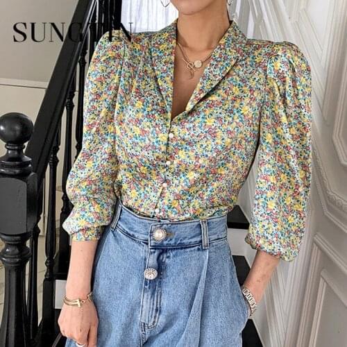 Sungtin Korean Casual Loose Print Shirt Women Puff Sleeve Flower Spring Office Lady Blouse Shirt Female All Match Elegant Shirt