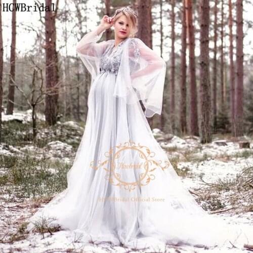 Customize Pregnant Women Evening Dress Long Loose Sleeves Chic Beads Tulle Silver Plus Size Formal Dresses Wedding Party Gown