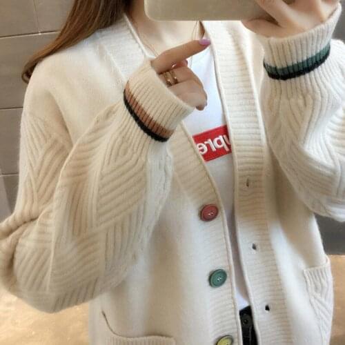 MEIYANGYOUNG New Knitted Cardigan For Female Students Korean Style Pocket Sweater Coat Womens Loose V-neck Long Sleeve Jumper