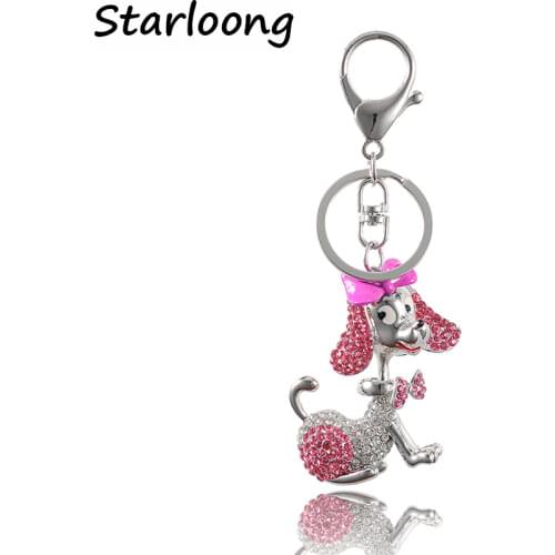High Quality Drip Alloy Keychain Chaveiro drop oil Glaze cute bowknot dog rhinestone crystal KeyChain women stainless Key Ring