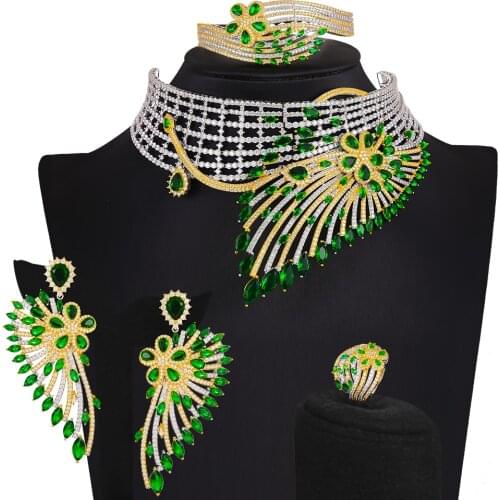 KellyBola Dubai High Quality Full Cubic Zirconia Bride Wedding Necklace Bracelet Earrings Ring Set Ladies Banquet CZ Fashion