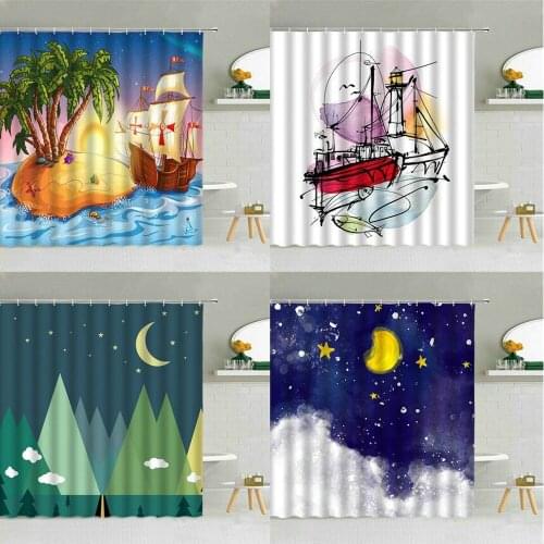 Cartoon Ocean Sea Island Sailboat Landscape Shower Curtain Moon Night Scenery Bathroom Decor Children Waterproof Cloth Curtains