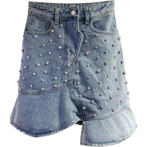 2021 Summer Mujer Moda Beaded Denim Skirt High Waist A-line Mini Skirts Women Jeans Ruffle Skirt Jupe Jean Femme
