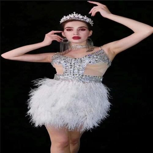 V8 Women rhinestones evening dress sexy sleeveless white feather skirt stretch disco crystal outfit sparkly diamonds outfit wear