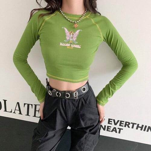 2021 Newest Arrival Women Cartoon Printed Crop Tops Crew Neck Short Sleeve / Long Sleeve Navel Crop Tees T-Shirts Top Outfits