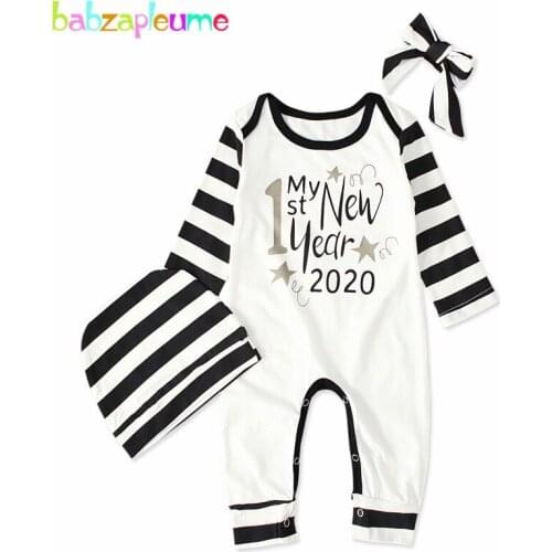 3PCS/Spring Newborn Baby Girls Clothes Long Sleeve Cotton Casual Stripe Letter Jumpsuit+Hat+Headband Infant Rompers Set BC1262-1