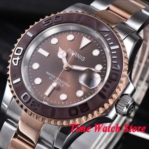 41mm Parnis Miyota 21jewels 5ATM Automatic mens watch Rose gold plated sapphire glass brown dial luminous ceramic bezel 981