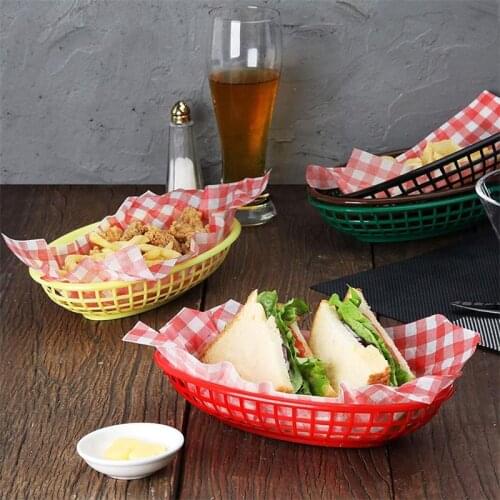6pcs Fast Food Basket Plastic Resturant Hot Dog Basket 24pcs Checked Liners Hamburger Bread French Fries hot dog Serving Tray