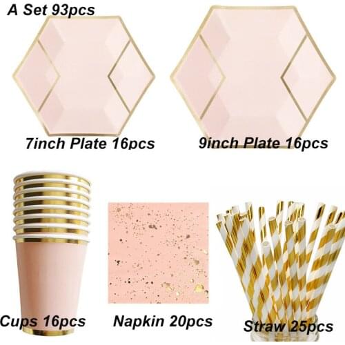 93Pcs/Set Pink Theme Party Disposable Tableware Paper Plate Cups Christmas Kids Birthday Party Supplies Wedding Carnival Decor