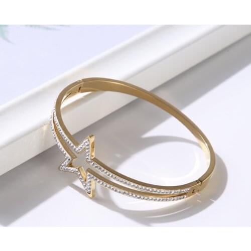 Hollow Star CZ Crystal Bracelets Bangles Trendy Stainless Steel Charm Bangle For Women Girls Wedding Bracelet Jewelry Gift