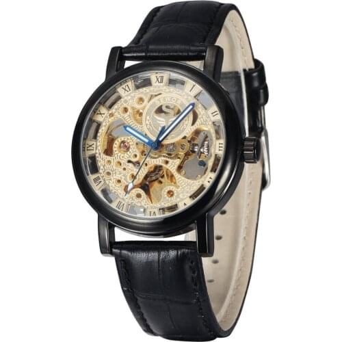 SEWOR Fashion Steampunk Men Watch Leather Strap Automatic Mechanical Skeleton Watches Classic Man Watch BLACK relogio masculino