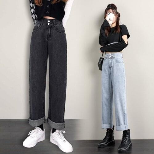 Spring Women Mom Wide Leg Jeans High Quality Blue Gray Washed Straight Denim Pants Female Streetwear Cowboy Trousers