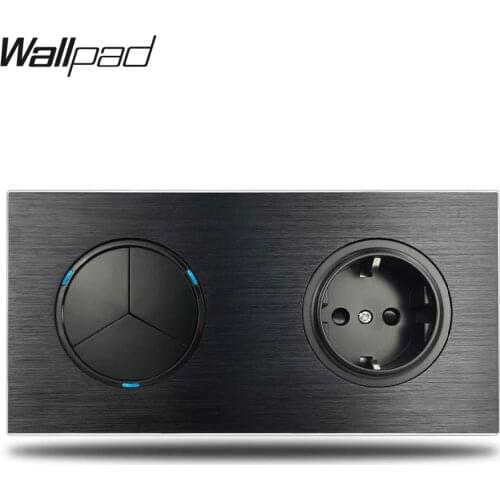 Wallpad L6 Black Aluminum EU Wall Electrical Power Socket with 3 Gang Switch Double Frame Dual Plate, 172 * 86 mm