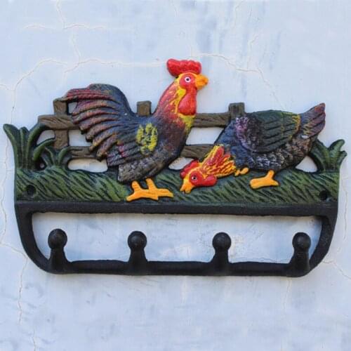 European Vintage Hand Painted Color Rooster and Hen Design Cast Iron Wall Hook with 4 Hangings