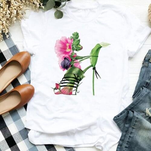 Women Lady Floral Shoes Clothing Casual Camisas Mujer Print Ladies T Tee Womens Shirt Clothes Tshirt Female Top Graphic T-shirt