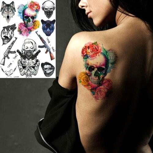 GoldOcean Flash Flora Death Gun Tattoos Temporary Body Chest Arm Tattoo Stickers Women Men Gun Ak M416 Tatto Self Adhesive Paste