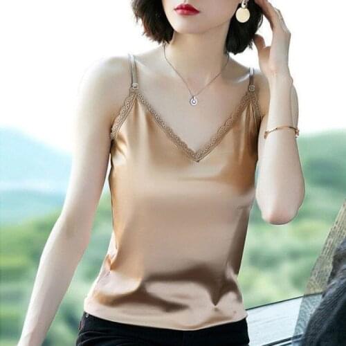 Tank Tops for Women Summer Basic Plus Size Lace Satin Silk Spaghetti Strap Top Female Elegant V Neck Tanks Camis Womens Blouse