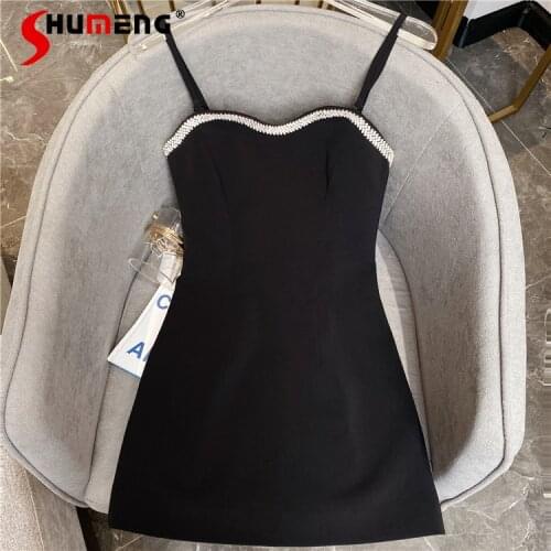 2021 Summer New Rhinestone Edging Slim-Fit Sexy Strap Suit Black Dress for Women