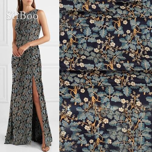 Pastoral blue white leaves floral print silk spandex fabric apparel for dress natural silk tissu fabrc 19mm SP5704