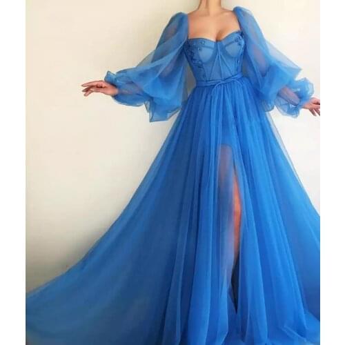 Sexy Dubai Long sleeve for Women 2020 Slit Beaded Tulle Formal Dress For Evening Party Robe Cheap Long Evening Gown