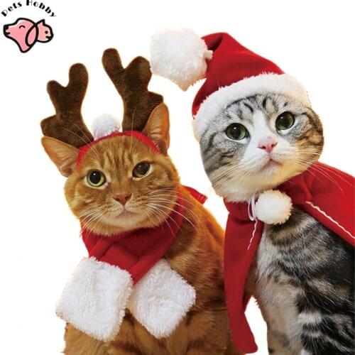 Christmas Pet Clothing Santa Cat Costumes Accessories Hat Scarf Elk Horns Cloak Set Small Dogs Clothes Warm Winter Pet Supplies