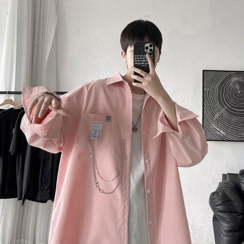 Oversized Shirt for Men Streetwear Long Sleeve Harajuku Chain Fashion Mens Shirts Korean Clothes Branded Mens Clothing