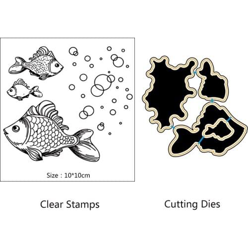 AZSG Blowing Bubbles Goldfish Cutting Dies Clear Stamps For DIY Scrapbooking/Card Making/Album Decorative Silicone Stamp Crafts