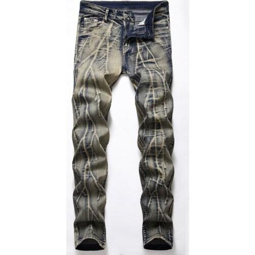 Vintage Printed Skinny Jeans Men Distressed Mens Streetwear Fashion Gray Denim Pants Black Grunge Two-Tone Trousers Clothes Man