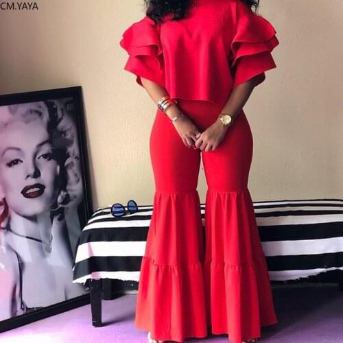 New Autumn Winter Women set Tracksuit O Neck Petal Sleeve Top Flare Pants Suit Two Piece Set Solid Night Club Outfits LS6326