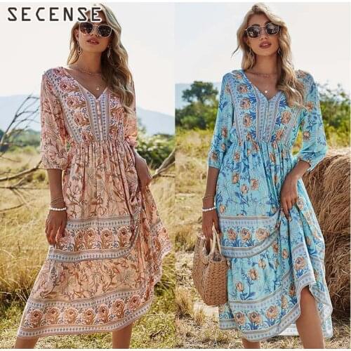 New Bohemia Floral Women Dresses Casual V Neck Half Sleeve High Waist Midi Dress A-Line Summer Fashion Loose Boho Printed Beach