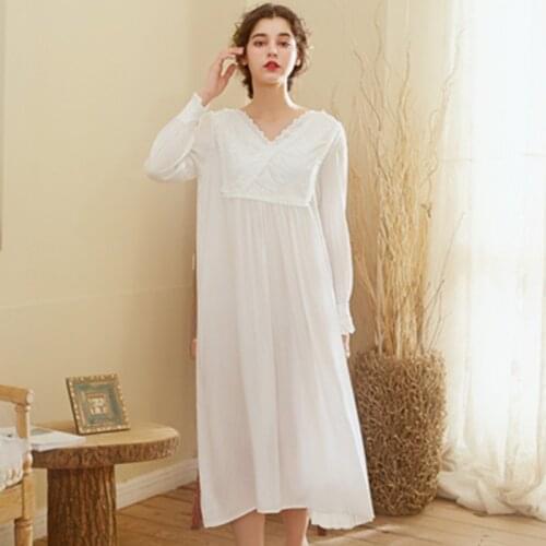 Cotton Long Night Dress Women Autumn White Romantic Victorian Vintage Nightgowns Princess Sleepwear Lace Peignoir Home Nightwear